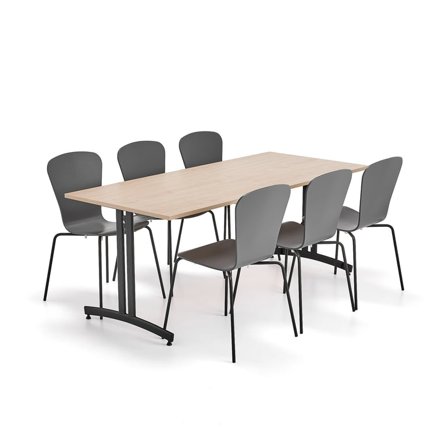 Møbelsæt SANNA + MILLA, 1 bord og 6 stole, sort/antracit