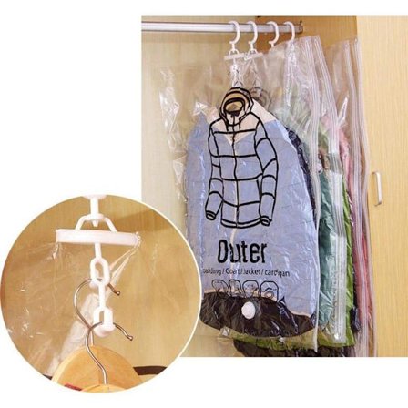 Kaksi osainen ripustettava tyhjiökompressiopussit, tilaa säästävä, läpinäkyvä, koukulla, 67*110 suuri koko, läpinäkyvä pussi koukulla, sopii puvut, co