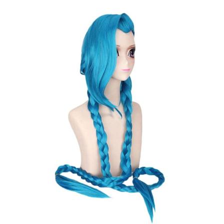 Xuejian 120cm/46,8'' För Lol Jinx Cosplay Peruk Lång Blå Dubbel B