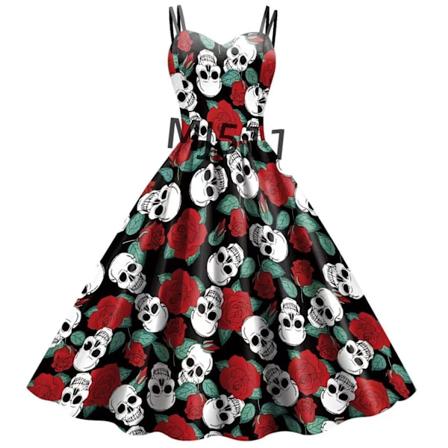 Ny europeisk og amerikansk 3D-trykt suspenderkjole rollespillkostyme Halloween karnevalfest Skeleton Skull 5 2XL