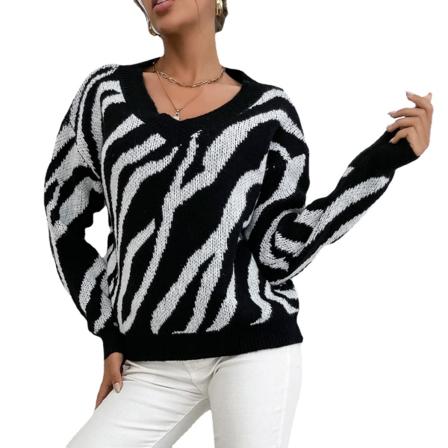 Dam 2022 Höst Vinter Casual Långärmad Zebra Randig Tryck Färgblock Stickad Tröja Pullover,M