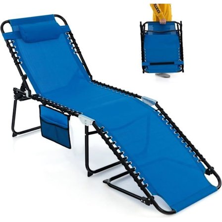 COSTWAY Sammenklappelig liggestol med aftagelig nakkestøtte Justerbar ryglæn i 4 positioner Rustfrit stål til campingterrasse, blå