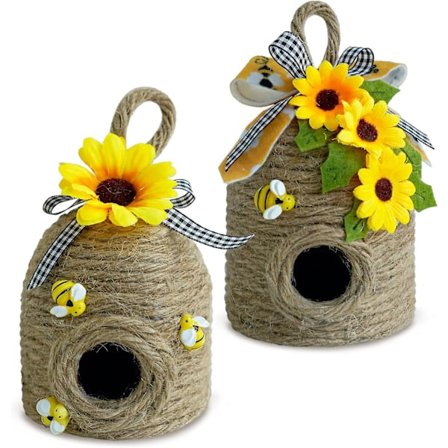 Større dekorative bikube, 2-pakke humledekorativ bikube i rustikk stil, naturlig biehus, humlefestdekor, vår-sommer-rustikk gårdshus kjøkkenbord