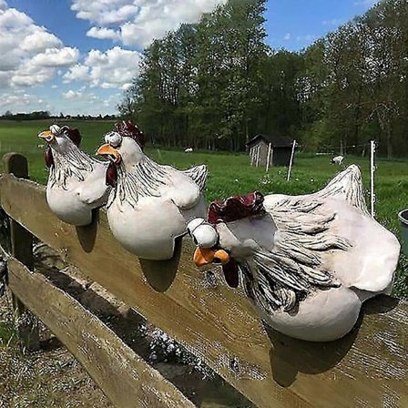 3-PAK - Sjove kyllingehegnsdekoration Statuer til havetrapper, gård, terrasse, baghave, harpikshåndværk Kyllingehøne Skulptur Udendørs Statue 