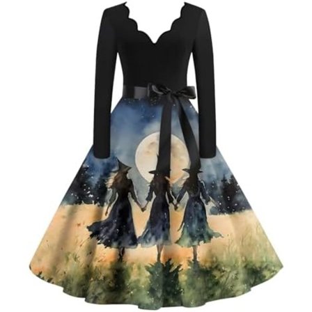 BTBDYDH Halloween Klänning Retro Långärmad V-ringad Klänning Utsvängd Vintage Hepburn Klänningar Pumpa Fladdermus Häxa Tryckt Cosplay Party Kostym 