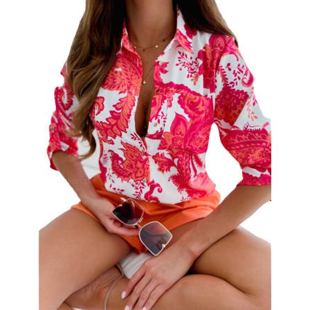 Kvinnor Långärmade Blommiga Print Rullärmar Button Down Skjortor