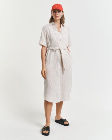 GANT Damen Gestreiftes Hemdblusenkleid aus Leinen (38) Braun Beige