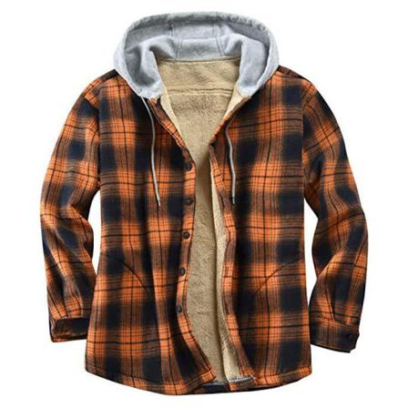 Män Rutig Långärmad Sherpa Hoodie Button Up Tjock Skjorta Jacka