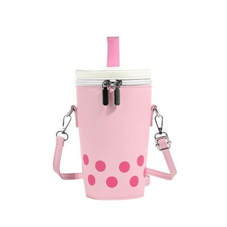 Sød Cylinder Kop Crossbody Taske - Polka Dot Mælke Te Pung med Sugerør - sød Spand Skuldertaske til Kvinder (Pink)