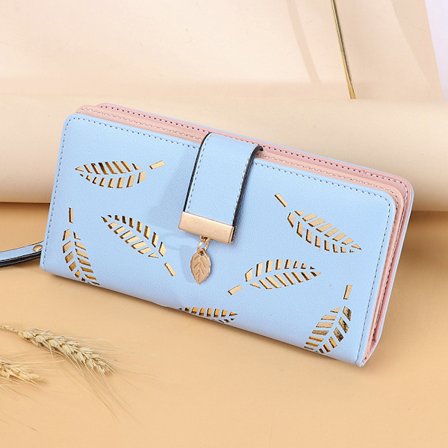 Pitkä Naisten Lompakko Muoti Premium Clutch - Lehti Vetoketju Seteliklipsi Korttikotelo - Sininen