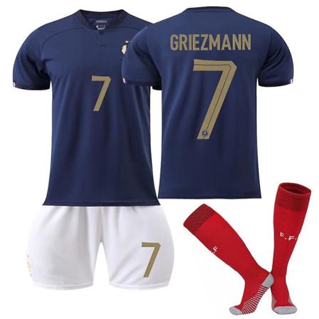 Ranskan Kotipaita 2022/23 MM Griezmann #7 Jalkapallopaita T-paita Shorts Kit Jalkapallo 3-osainen setti lapsille Aikuisten S