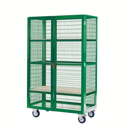 Mobile storage cage, plywood shelves, 1955x900x600 mm, green