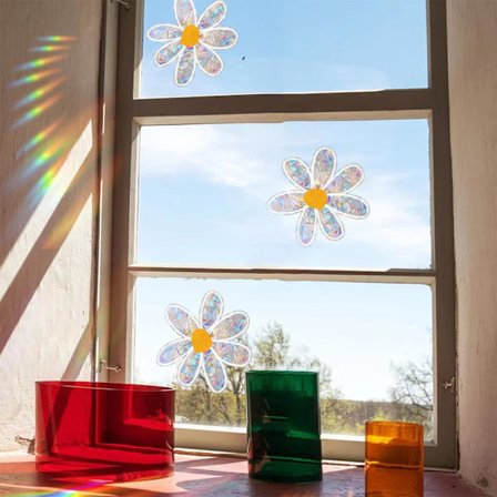 Blommor Solfångare Dekaler för Glasfönster Dekaler Glittrande Regnbåge Prisma Fönsterklistermärken för Fågelkollisioner Charmig Daisy