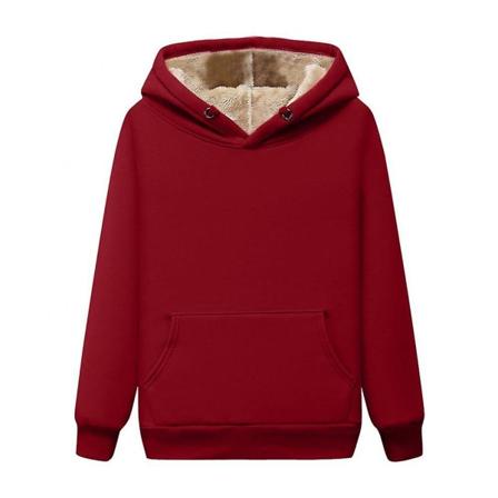 Kvinder Ensfarvet Vinter Varm Fleece Foret Hættetrøje Afslappet Løse Hættetrøjer Pullover Toppe Med Lomme Red M