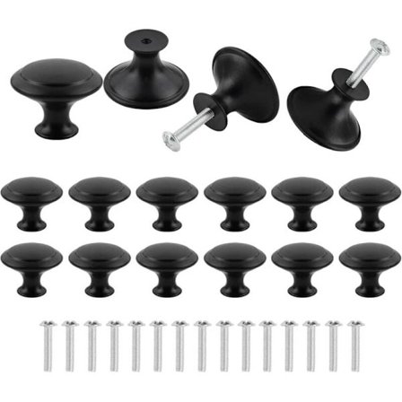 16 Matt Svarta Skåpsknoppar 30mm Runda Möbelhandtag med Skruvar för Lådor Dörrar Skåp