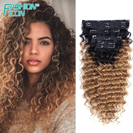 Syntetisk Deep Wave Clip In Hair Extensions 7 Stk/Sæt 140g Ombre Blond Fake Hair Full Head Hairpiece Curly Clip Ins Hair 24Tommer