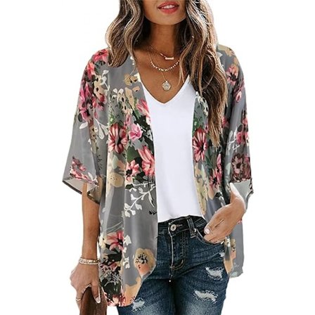 Blomstret Dame Kimono Cardigan med Pufærmer, Mørkegrå XL Størrelse, Løs Cover Up Casual Toppe
