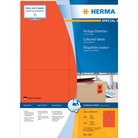 Herma Special - Papir - matt - permanent selv-adhesiv - rød - A6 (105 x 148 mm) 400 etikett(er) (100 ark x 4) merkelapper