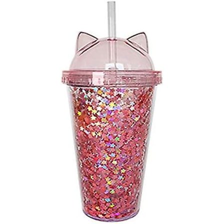 Plastkopper med sugerør og paljetter Dobbelt lag Søte katteøre Glitter Vannkopper for jenter