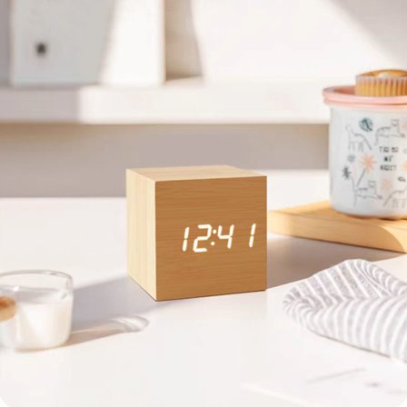 Vekkerklokke i tre med fire lysstyrkenivåer, dato- og temperaturvisning