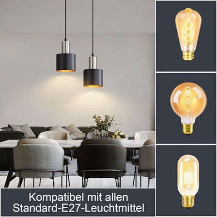 NETTLIFE Hänglampa för Matbord E27 Vintage Hängande Lampa 2 Glödlampor Svart Guld