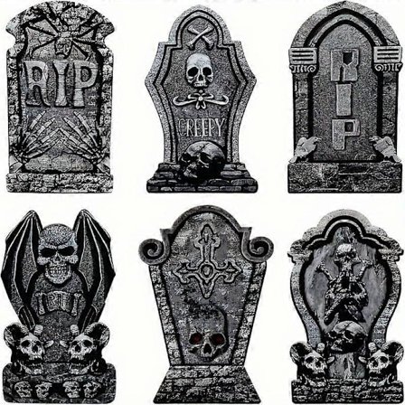 Nya modeller Halloween Gård Gravsten Skyltar Set med pinnar - 6-pack Utomhusdekorationer, Spökhus tema Kyrkogård Rekvisita, Skelettmarkör Pl