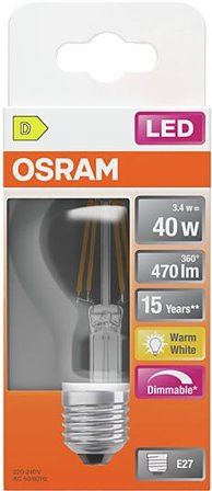 OSRAM Led Lyspære E27 Classic A40 470lm klar Dimbar Varmhvit