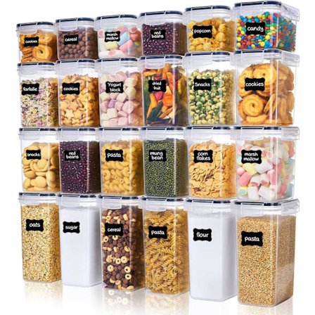 BPA-frie oppbevaringsglass med lokk, sett med 24 for mel, sukker, frokostblanding, med tusj og etiketter