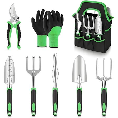 Haveredskaber 8-dele, havehåndværktøj, havesætskultivatorer med rustfri, rustfrit stål, aluminiumslegeringsmateriale, havearbejde