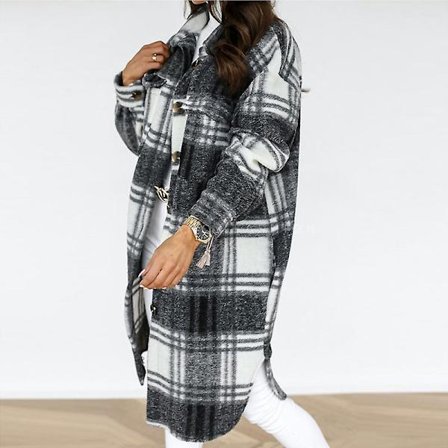 Dam Casual Varm Lätt Knapp Pläd Långärmad Jacka Kappa Normal Passform För Hem Och