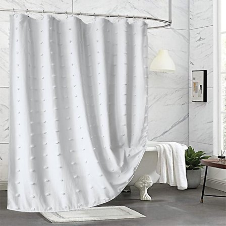 Moderni maalaistalon suihkuverho söpöllä yksinkertaisella tuftatulla laskoskuvioinnilla rustiikkiseen vintage-kylpyhuoneen sisustukseen, pehmeä ja 