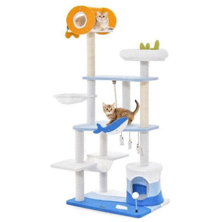 COSTWAY Cat Tree 168 CM - lägenhet, skrapstolpar, hängande pumps, fjäderpumpar, toppabborre, hängmatta - havstema