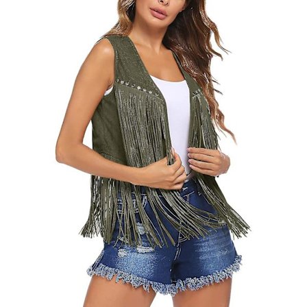 Dame Lang Dusker Semsket Vest Åpen Front V-hals Ensfarget Nagledekor Damer Vintage Frynsevest Streetwear