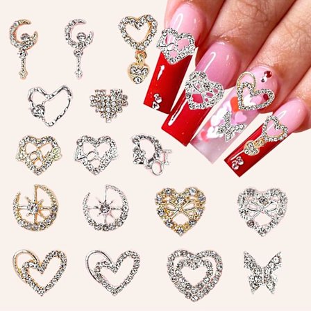 16 stk. Kærlighedshjerte Neglekunst Charms 3D Sølv Guld Negle Rhinestones Legering Kærlighed Negle Sten Kærlighedshjerte Negle Diamanter Valentinsdag 