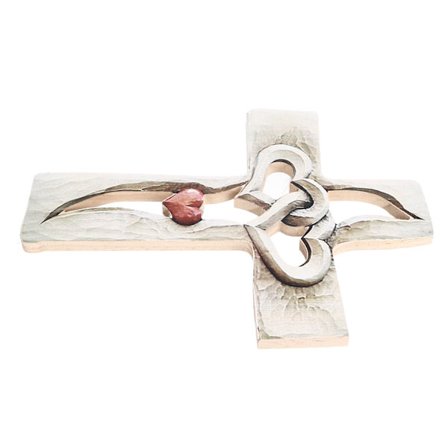 Udskåret trækors med sammenflettede hjerter, vægophæng, håndskåret trækors til stue, arbejdsværelse, soveværelse, kontorindretning, rødt hjertemønster