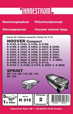 HANESTRÖM Dammsugarpåsar HOOVER COMPACT S 3182 5+1F