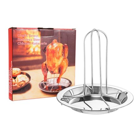 Vertikal Grill med Drypbakke - Kyllingegrill - Kyllingestativ i Rustfrit Stål til Kulgrill og Ovne