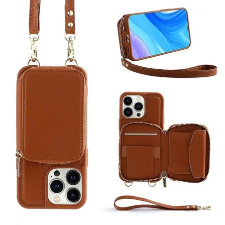 Crossbody dragkedja Case Kompatibel med Iphone 15 Pro Max, Pu Läder Stötsäkert cover med handledsrem & korthållare Brown For iPhone 15 Pro Max
