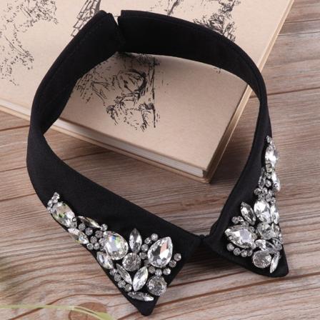 Falsk krage for kvinner Avtagbar halv Avtagbar Hmade Rhinestone Liten rund hals Avtakbar skjorte ed Black