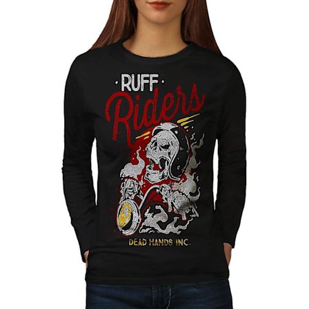 Ruff Riders Skull Biker Women Blacklong Sleeve T-shirt