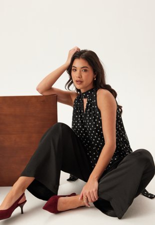 Bubbleroom - Mesh Tie Top - Black/Dotted - Kläder