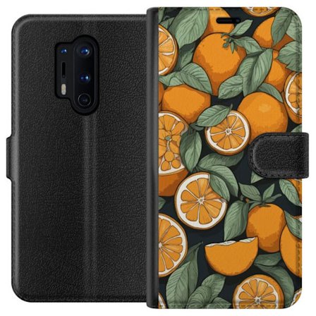 Kompatibel Tegnebogsetui til OnePlus 8 Pro Illustreret citrusmønster med appelsiner og grønne blade på mørk baggrund i dekorativ stil