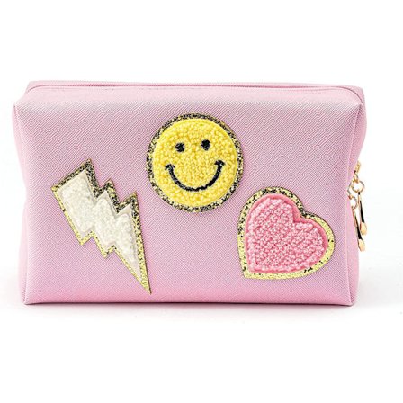 Preppy Patch Liten Toalettveske Smile Lyn Hjerte Pu Lær Bærbar Vanntett Sminke Kosmetikkveske Daglig Bruk Oppbevaringsveske Reiseorganisator Comp