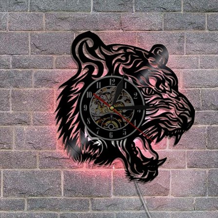 Musikvynil väggklocka - Tigerhuvudform LED-ljus väggklocka - Vinylklocka - Vardagsrumsväggdekor - Unika presenter till musikälskare