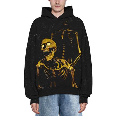 Damer Skull Print Pullover Color Block Hooded Tops