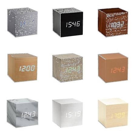 Gingko Cube LED Click Clock Vækkeur med Lydaktivering (Tid, Dato og Temperatur) Flere Farver Bambus hvid