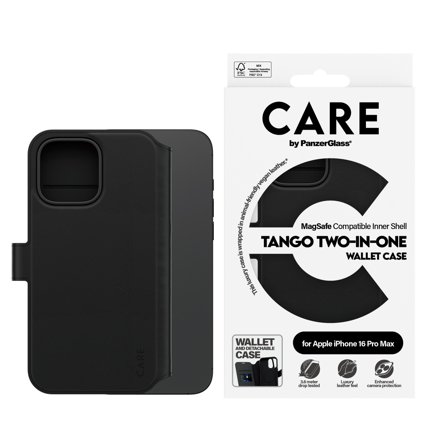 PanzerGlass CARE iPhone 16 Pro Max Tango 2-i-1 Lommebokdeksel (sort) Avtagbar folio med 3 kortlommer, vegansk lær, MagSafe kompatibel