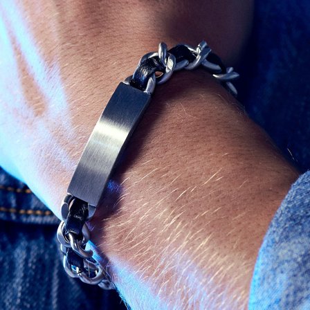 Nomen | Silver-tone Chain and Leather ID Plate Bracelet for Men - Leather bracelets