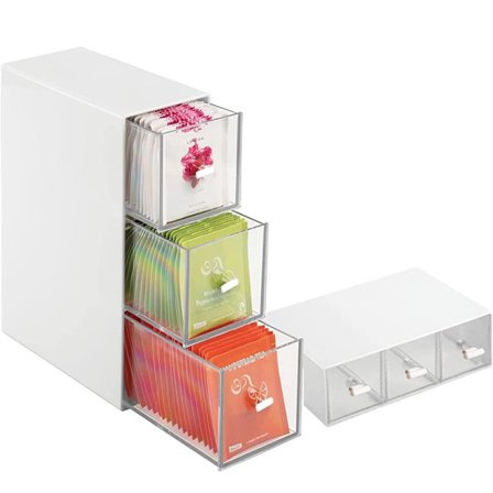 Te-boks i plast, 1 stk. kjøkkenskap i plast, solid oppbevaringsskuff, benkeplate-organiseringsstasjon for kaffe, te, sukkerpakker