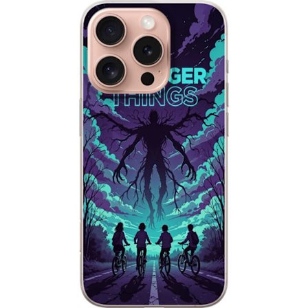Yhteensopiva Puhelinkuori Apple Apple iPhone 16 Pro Stranger Things -inspiroitunut fantasiaillustraatio, jossa on tumma hirviö, pyöräilevät lapset